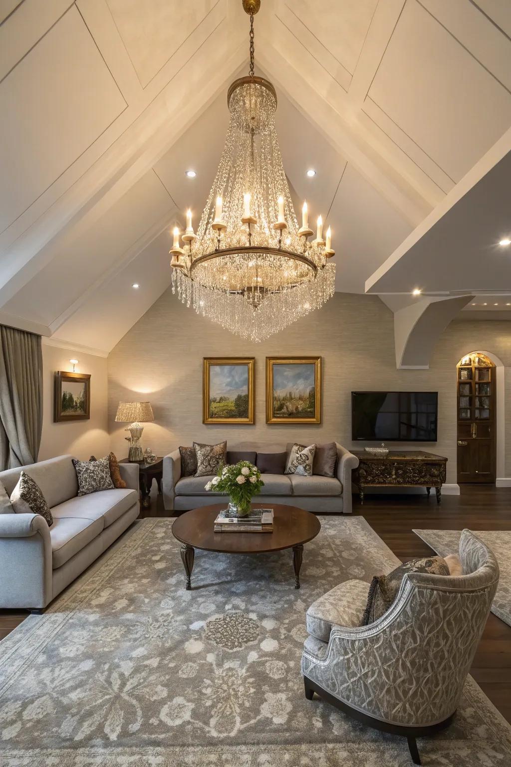 An extravagant light fixture introduces luxury to this high-ceilinged space.