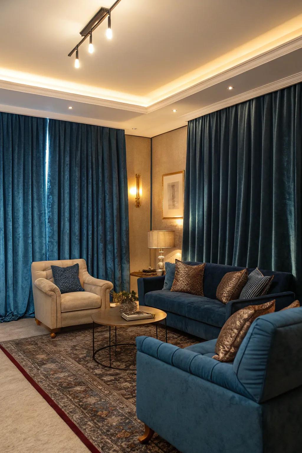 Opulent textures like velvet amplify the elegance of sky-hue drapes in this sophisticated living space.