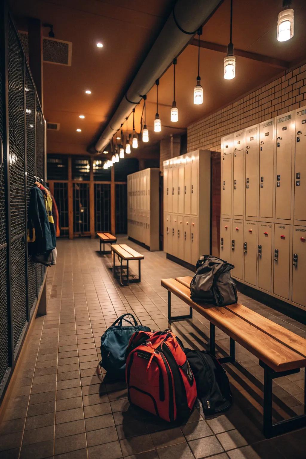 Atmospheric illumination for a serene locker room adventure.
