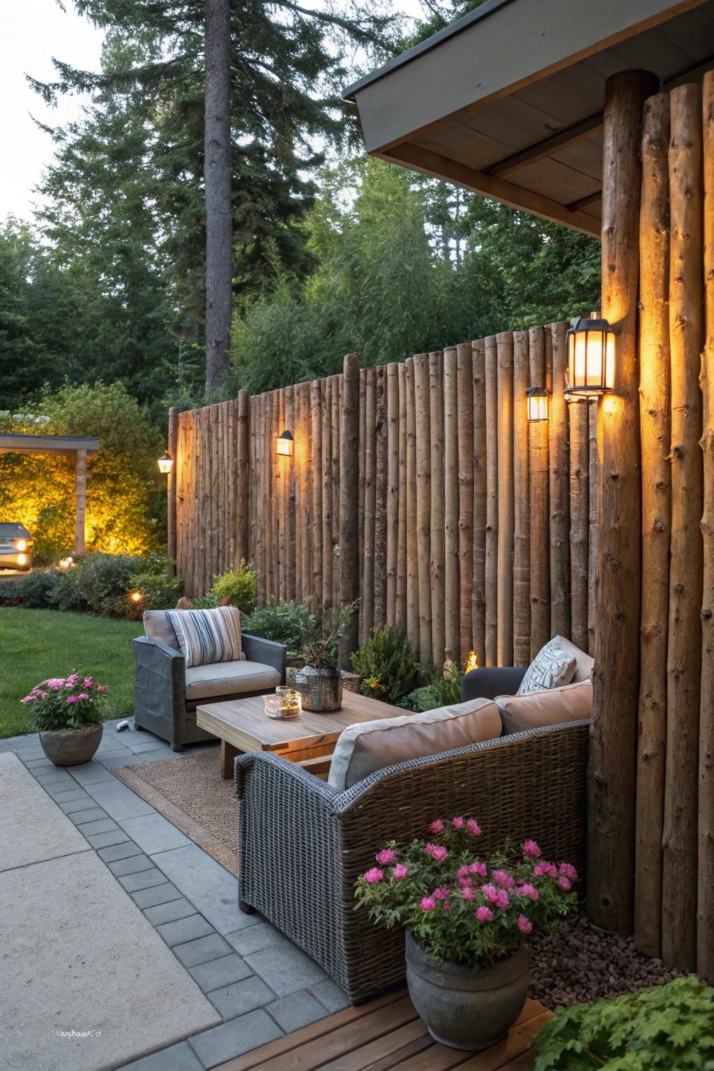 Fashion a private retreat through a log seclusion screen.