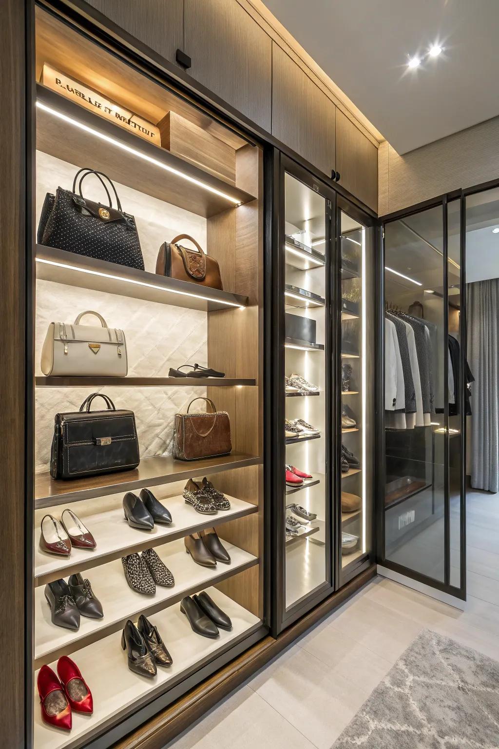 Exposed shelves displaying a thoughtfully curated assortment of footwear and handbags.