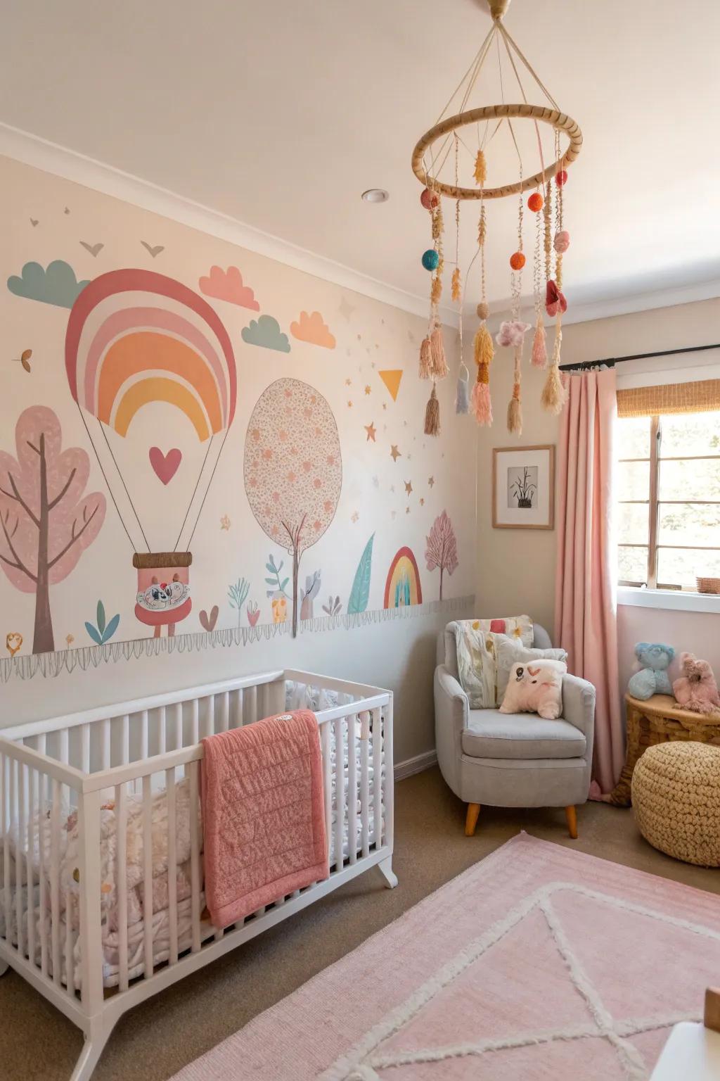 A nursery with distinctive decorative pieces like a large wall art piece and a whimsical mobile.