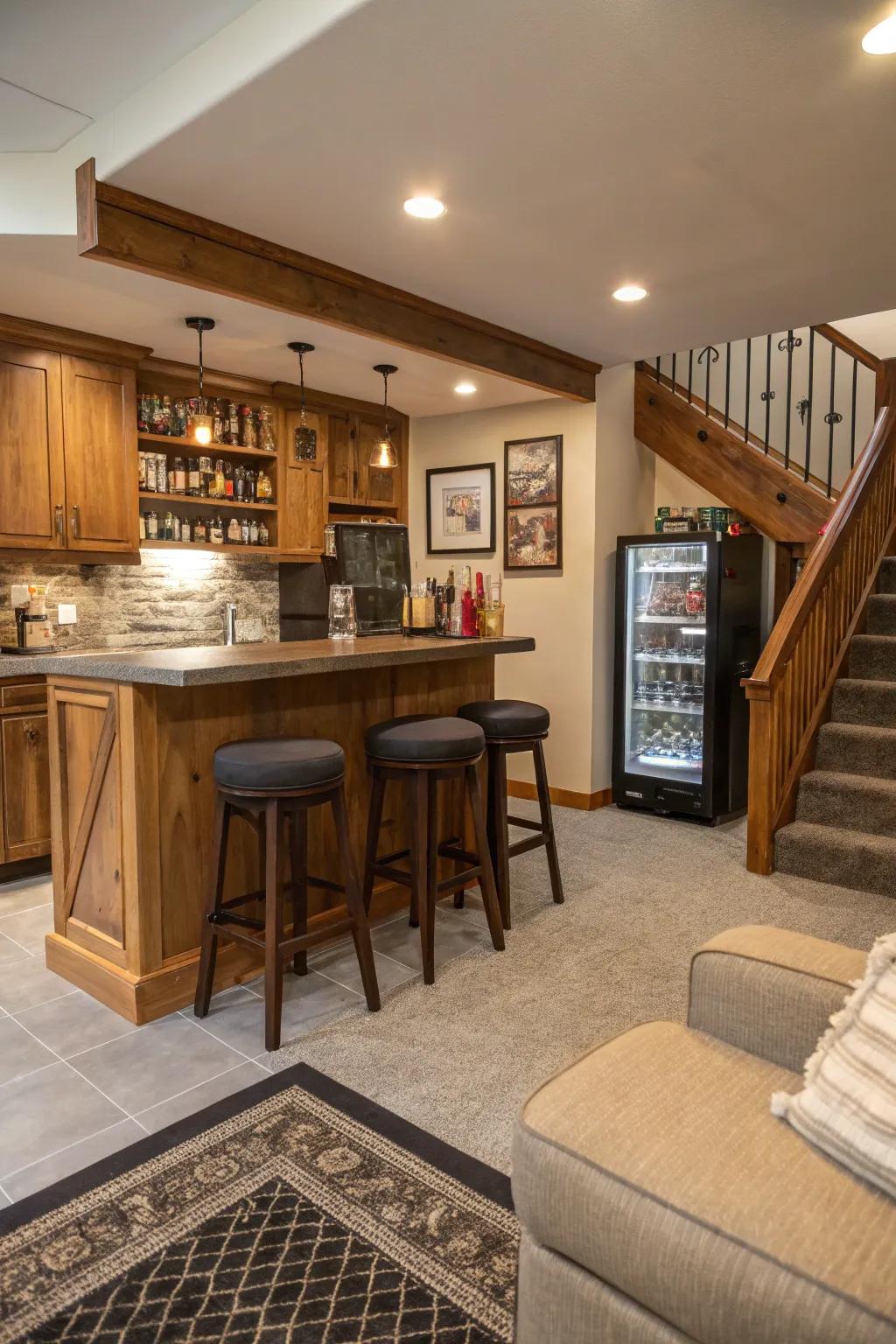 An elegant bar setup ideal for entertaining in a man cave.