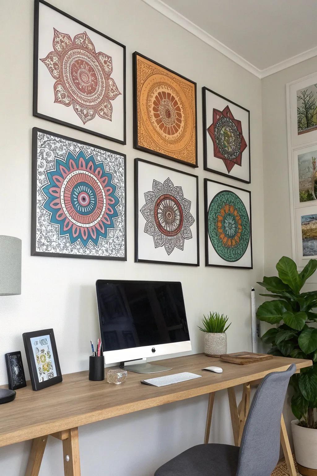 Mounted digital circle motif designs adding a modern panache to a home workspace.