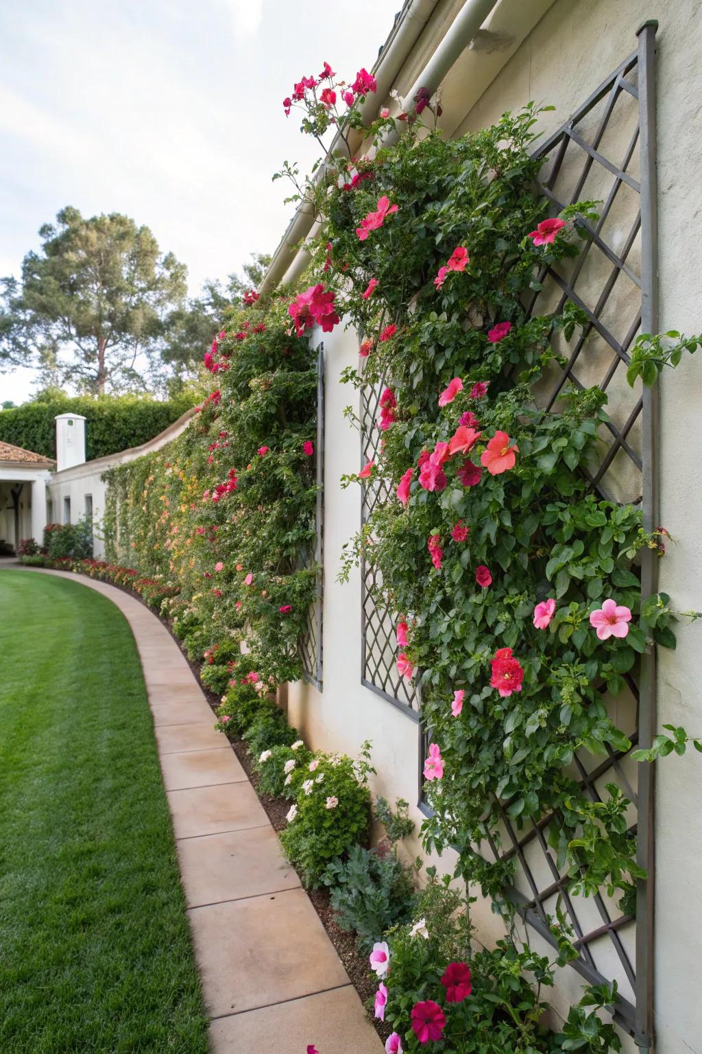 A wall-secured trellis showcasing mandevilla transmutes a plain wall into an animated attribute.