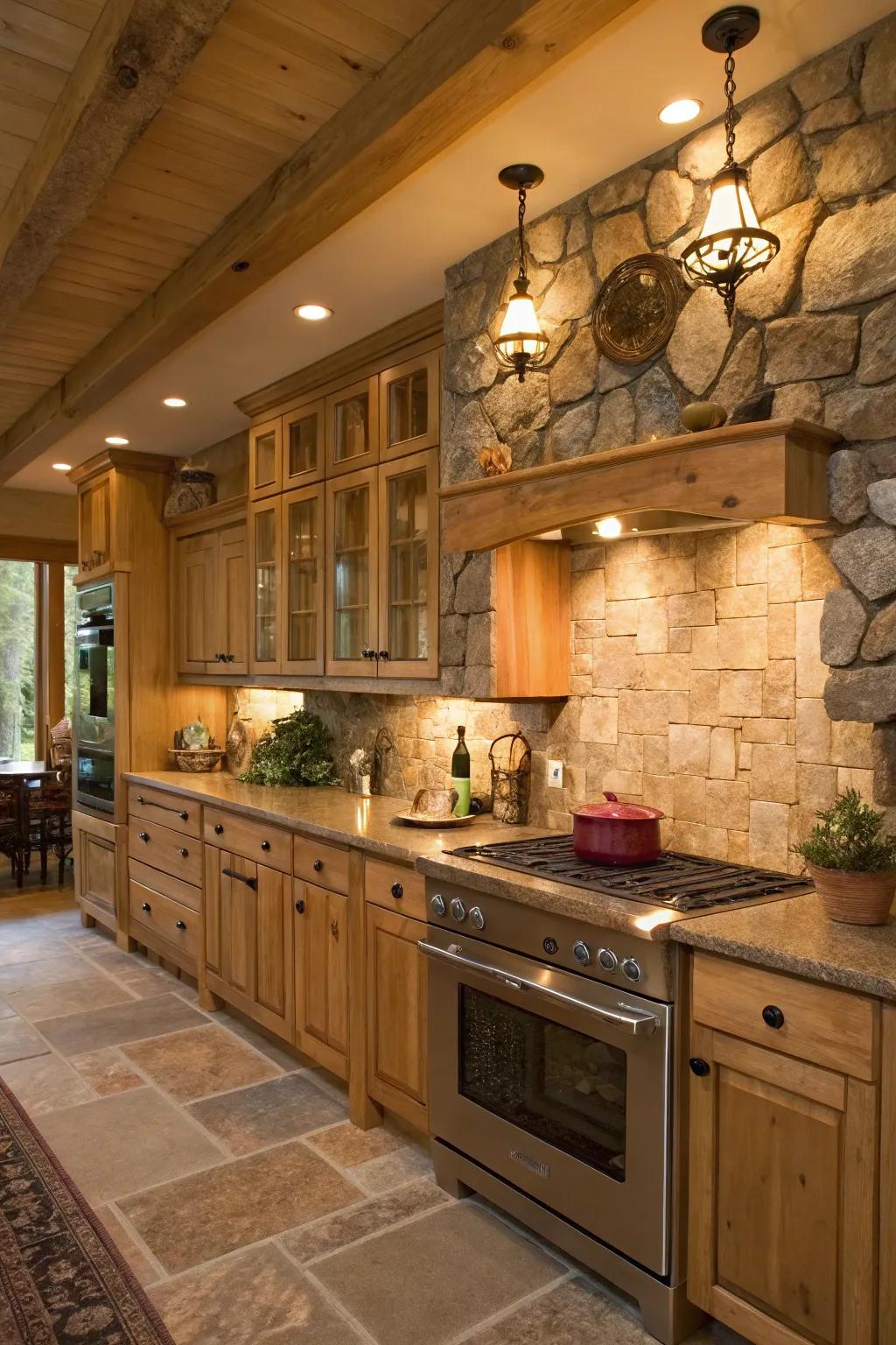 A rustic kitchen featuring natural walnut cabinets, radiating warmth and coziness.