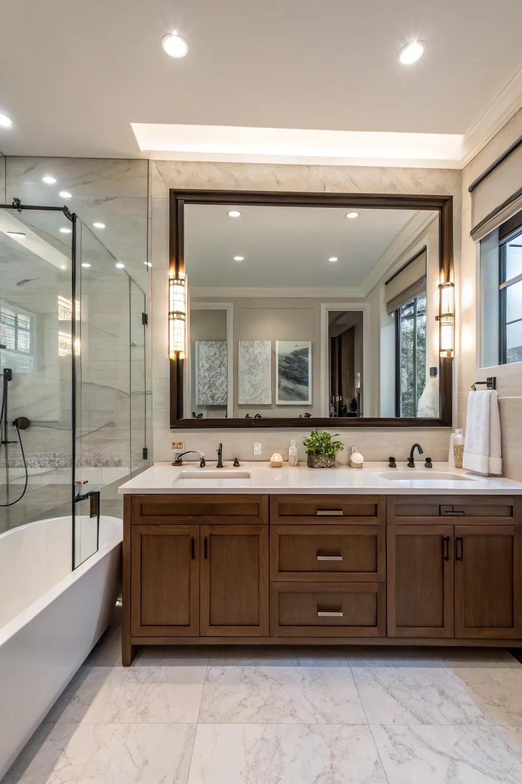 A master bathroom that boasts a large rectangular mirror above the vanity.