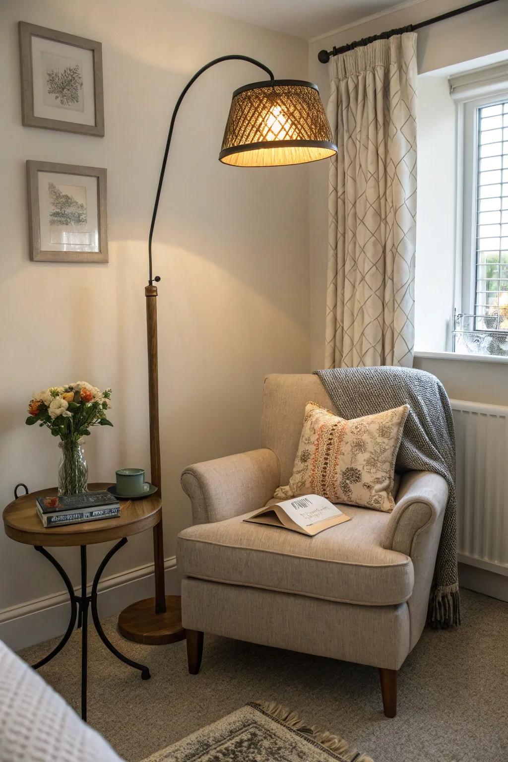 A standing lamp crafts a comfortable reading spot.