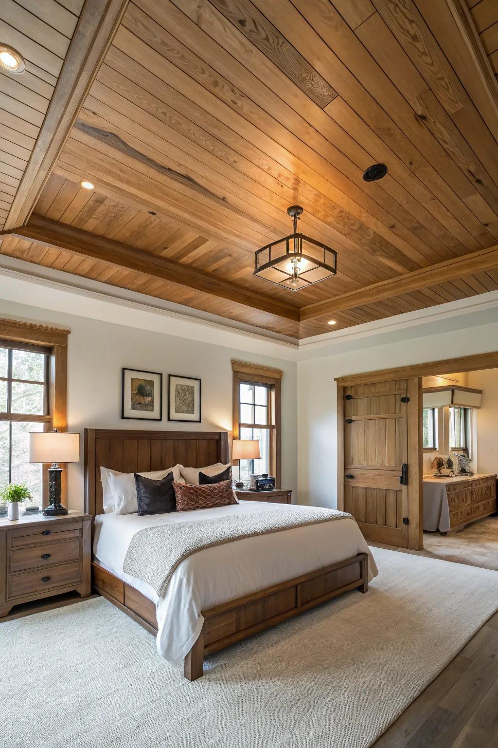 Wood paneling infuses your stepped ceiling with an inviting warmth and rustic charm.