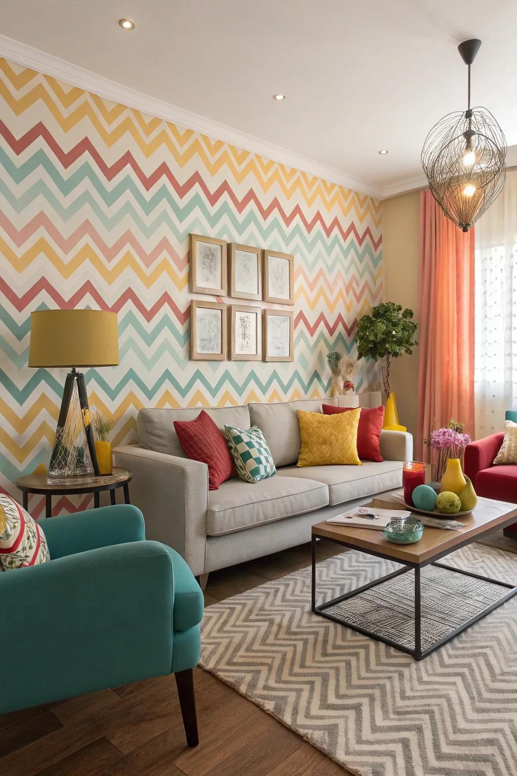 Herringbone wall covering injects active energy into a modern living space.