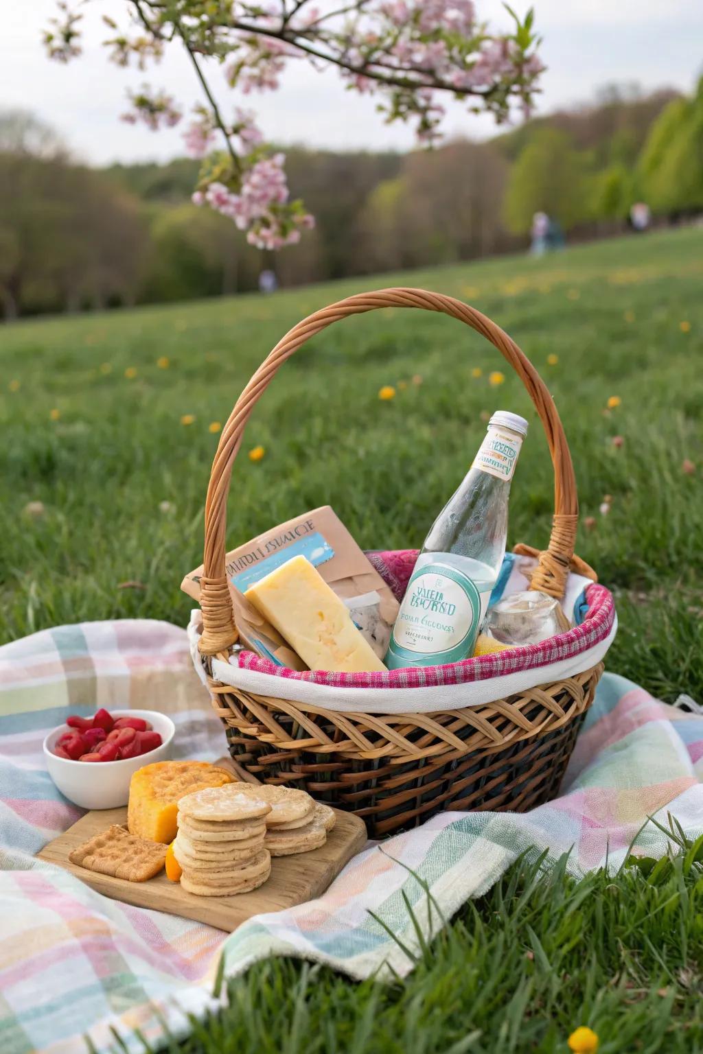 An inviting picnic scene beautifully arranged in a May basket.