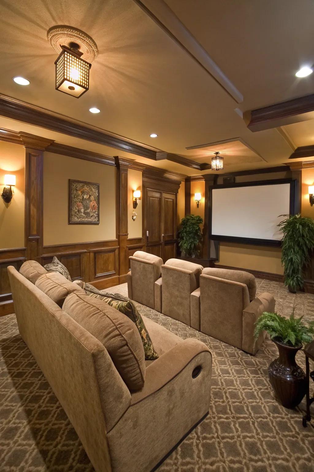 An enchanting media room styled with natural-toned walls, radiating warmth and comfort.