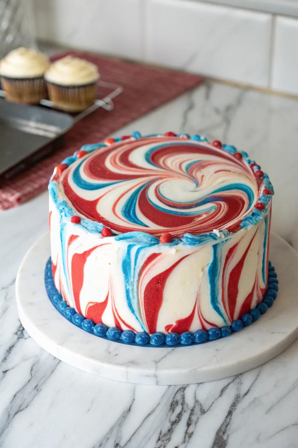 Swirling patterns in patriotic colors transform this cake into a captivating visual experience.
