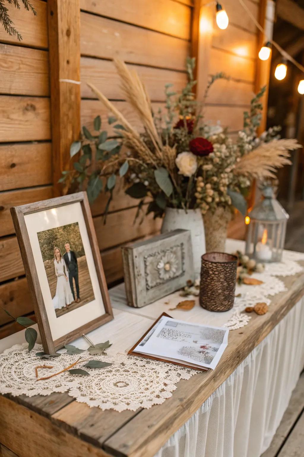 A countryside lumber backdrop contributes a comforting and charming element to the remembrance display.