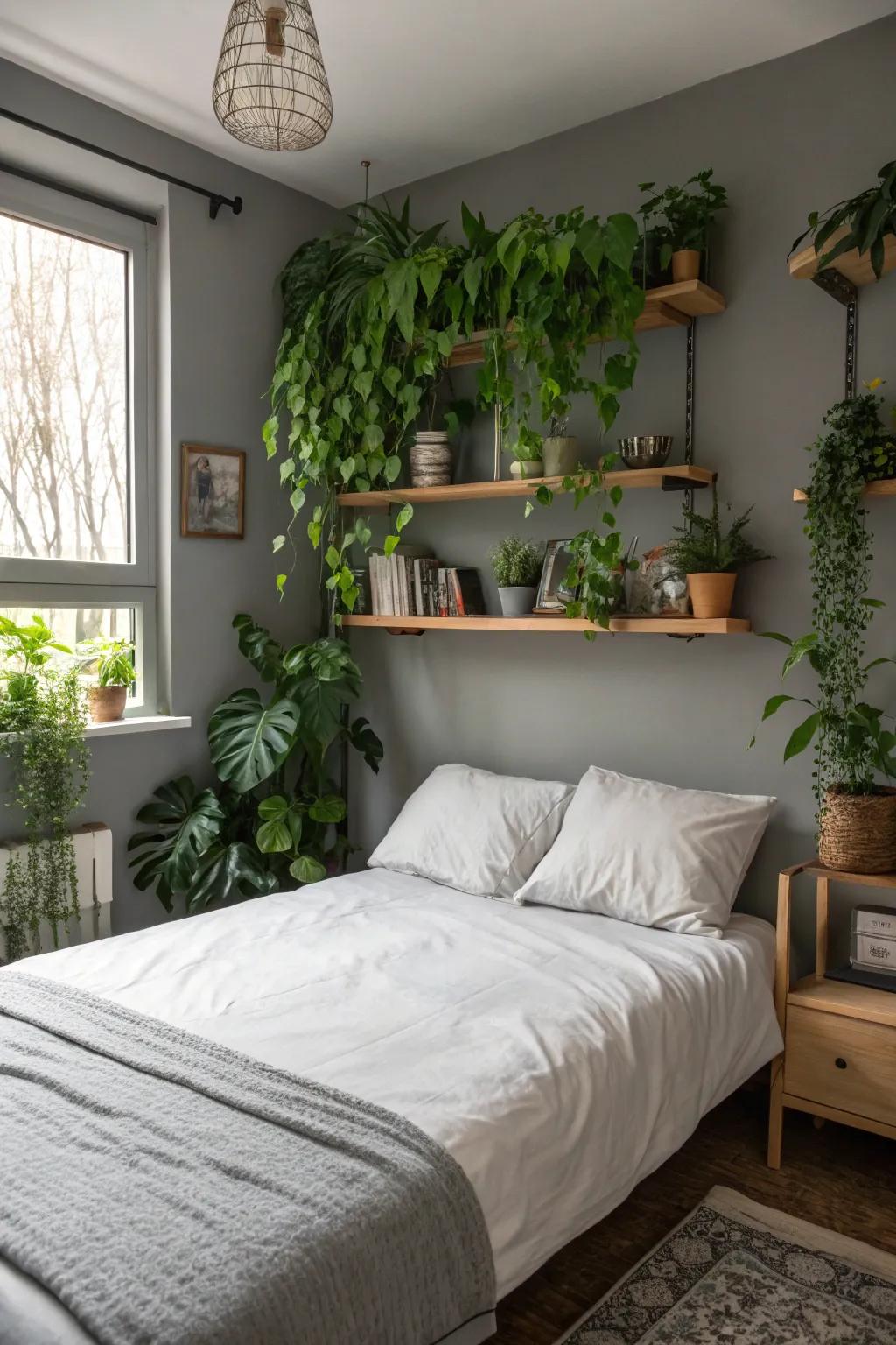 Greenery breathes life into this sleek bedroom.