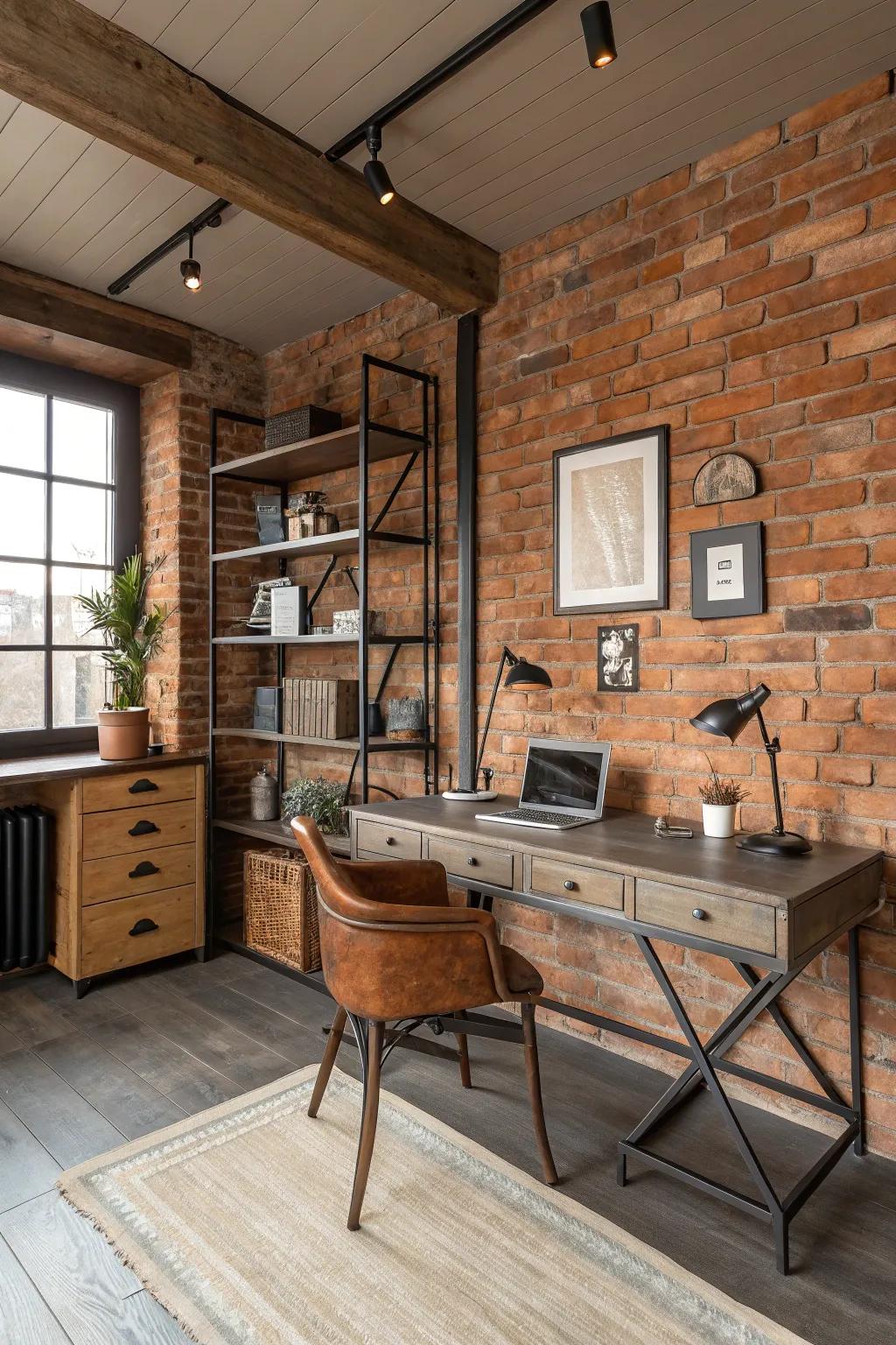 Industrial elements in this home office make a bold statement.