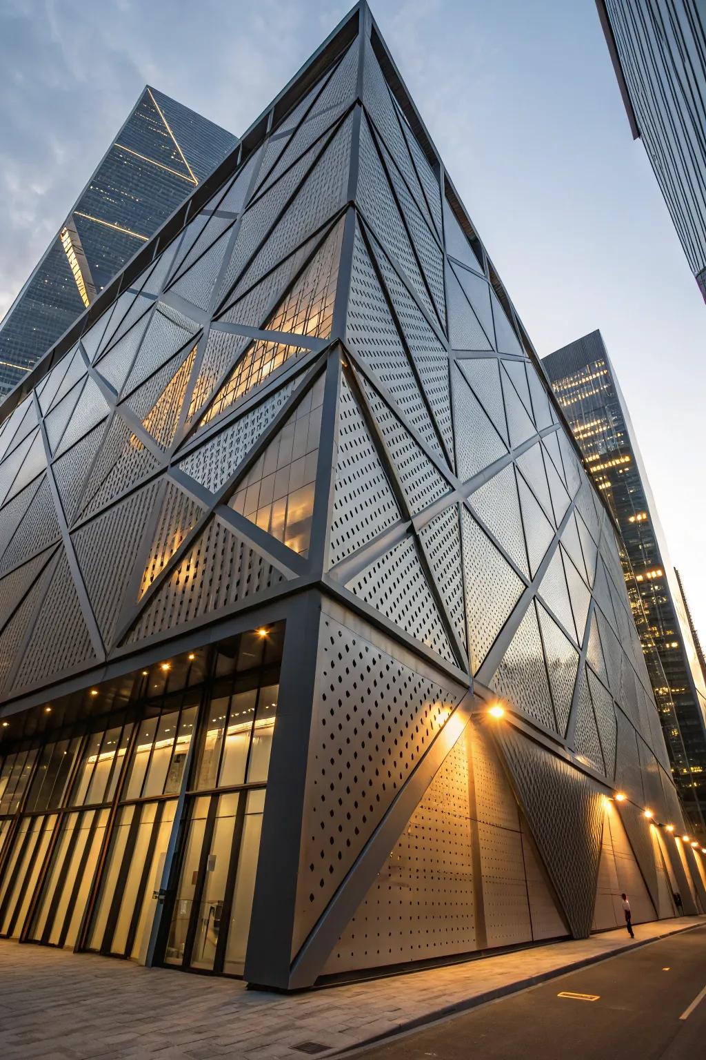 Geometric shapes enhance drama and dynamism on this metal facade.