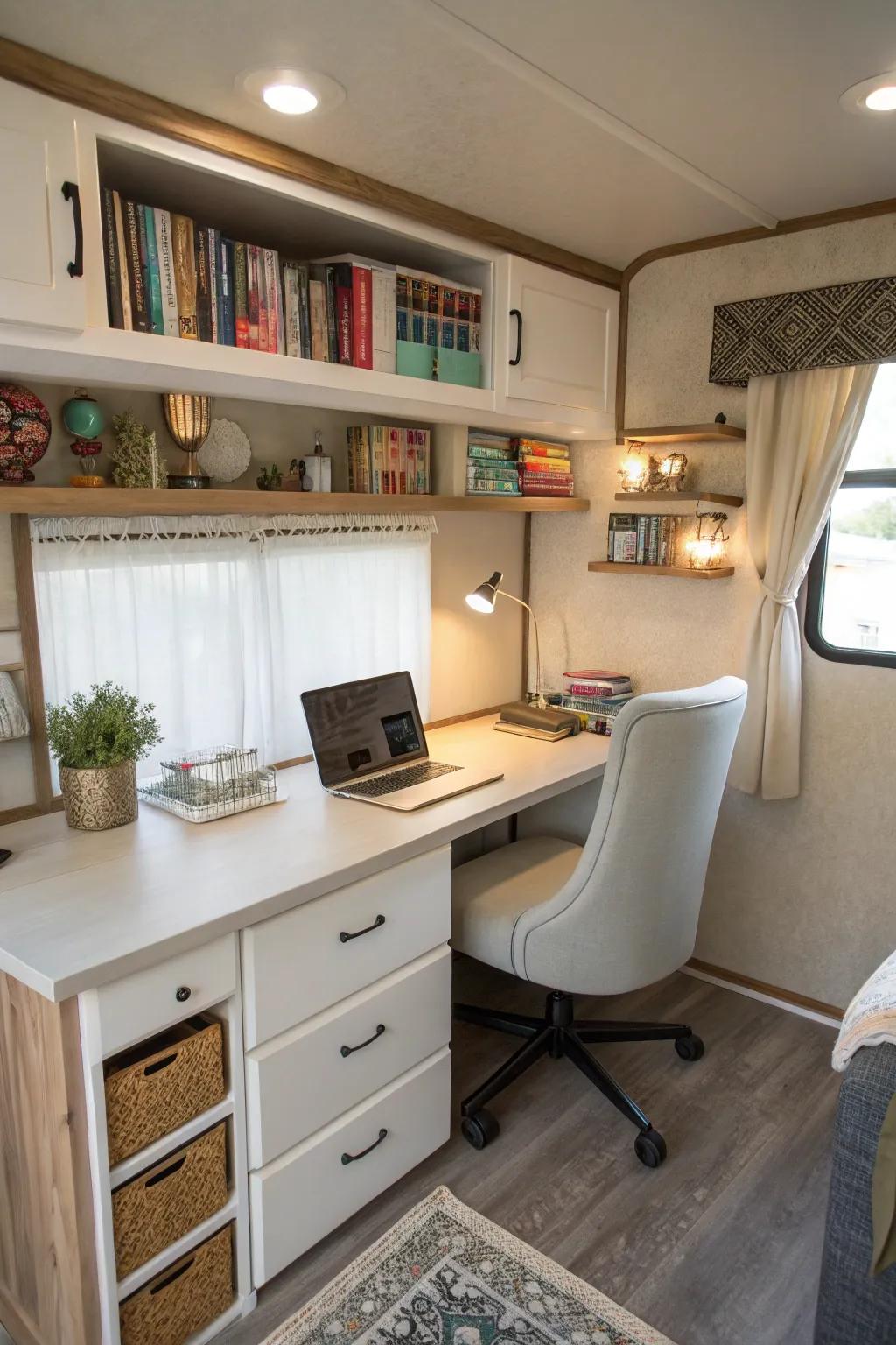 A small yet effective home office setup inside a mobile home.