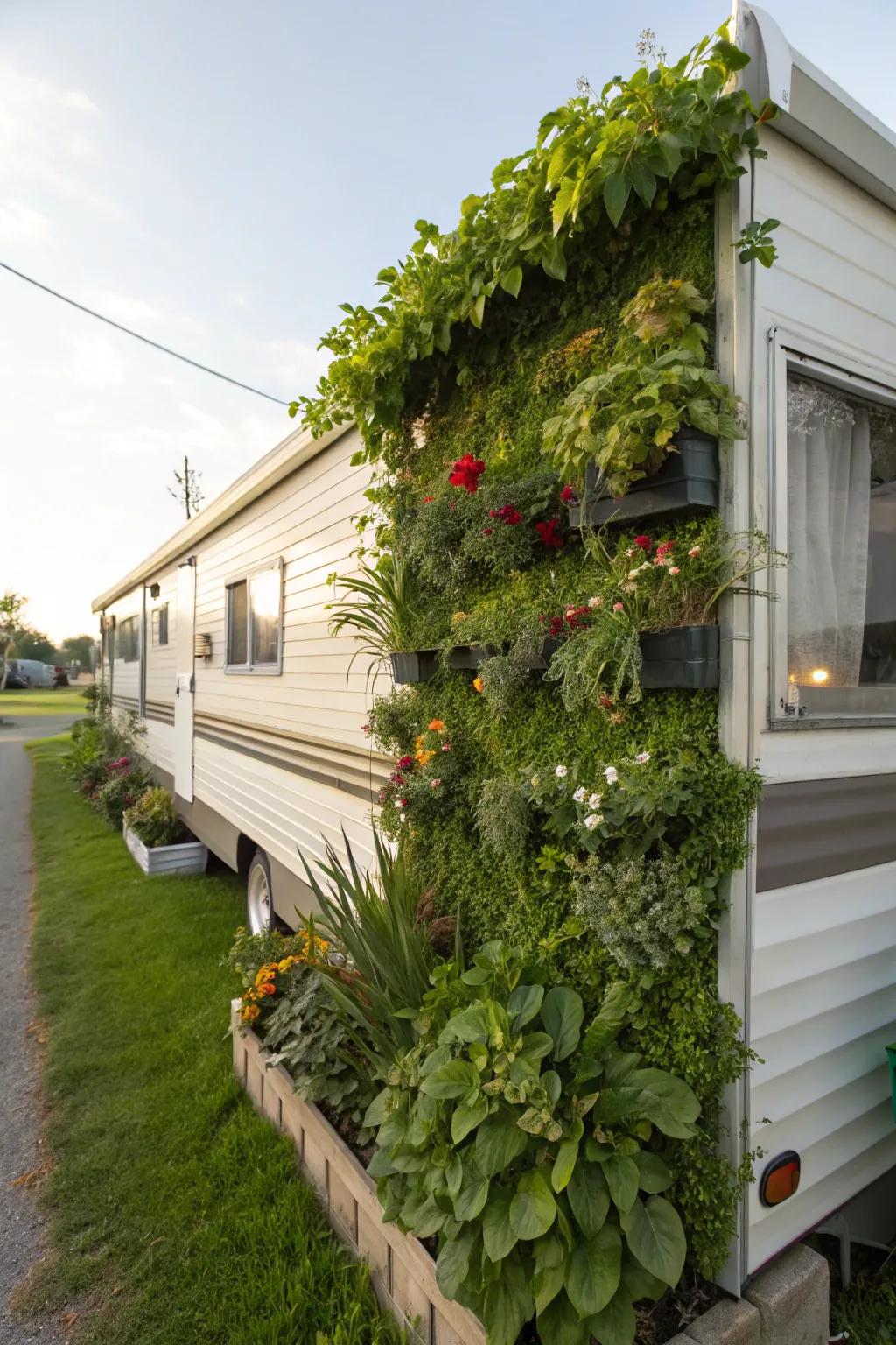 A dynamic vertical garden decorating the exterior of a mobile home.