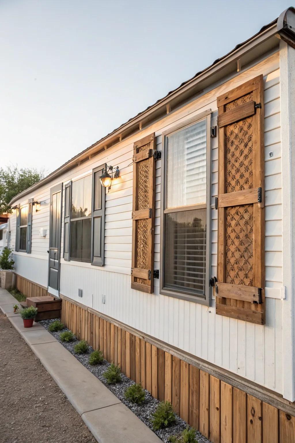 Assorted material shutters enhancing dimension to a mobile home.