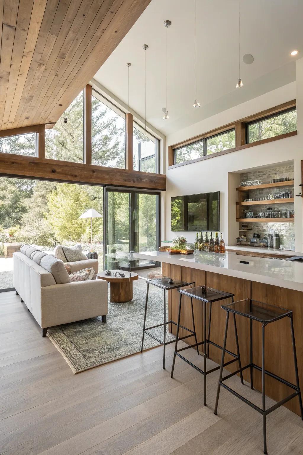 An open design beautifully integrates a modern bar.