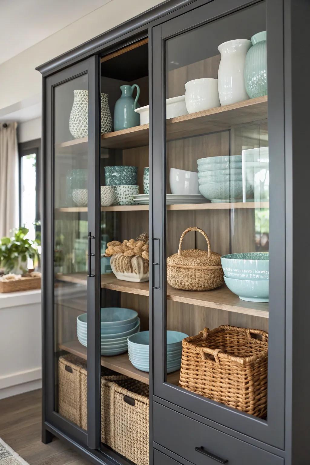 A palpable aesthetic with assorted grains in a china cabinet.
