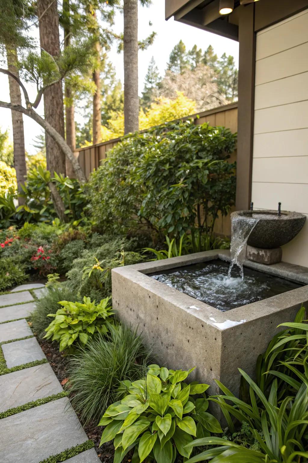 A water element adds tranquility and sophistication to your garden corner.