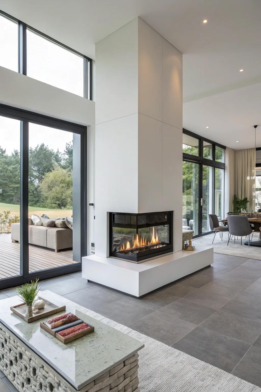 A double-sided electric fireplace acting as an elegant partition in an open-layout area.