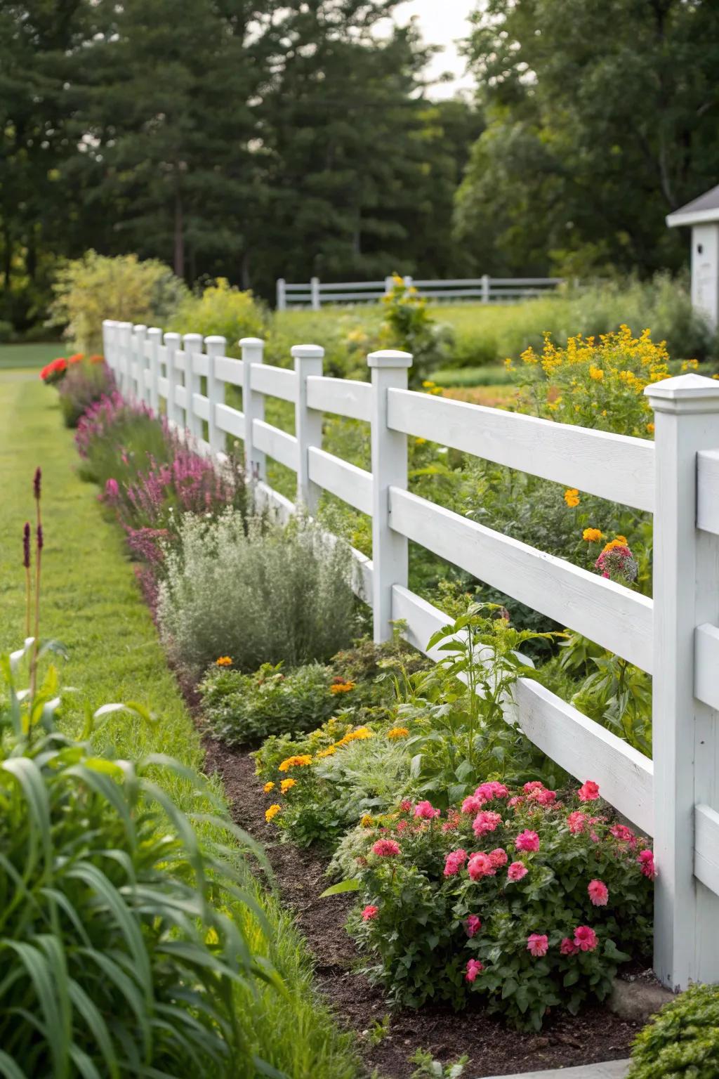 A streamlined fence with clean lines offers a subtle backdrop for vibrant garden plants.