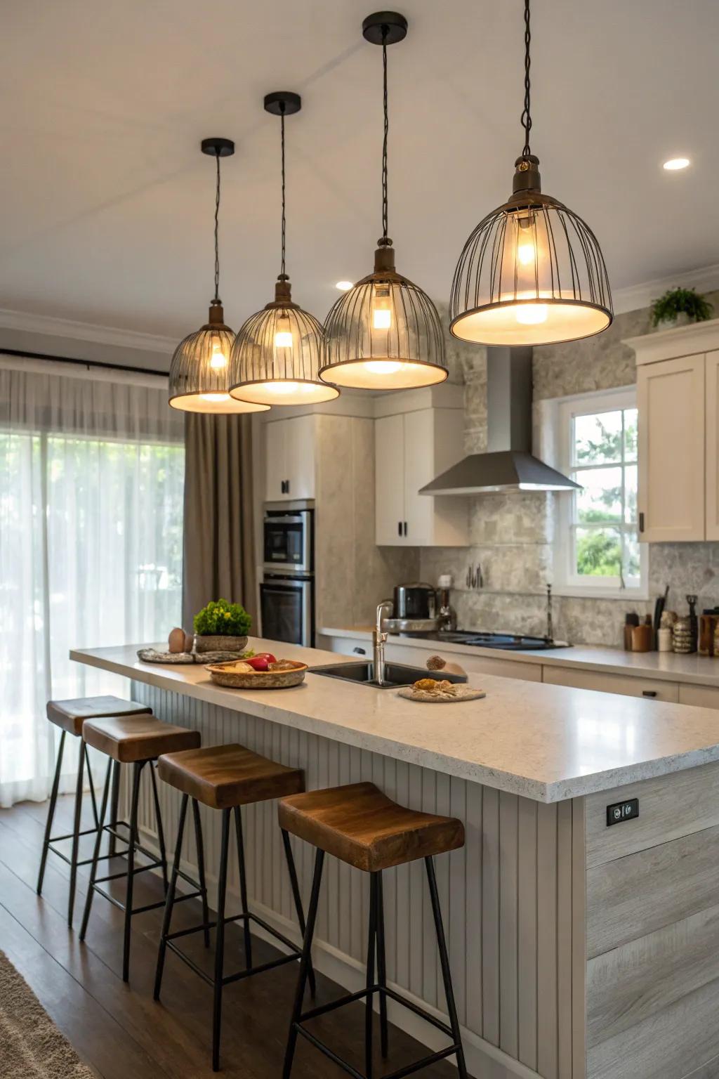 Soft drop lights establish a tranquil cooking area ambiance.