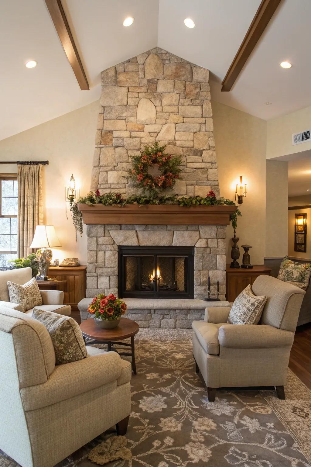 A center fireplace enhances the inviting ambiance of the farmhouse living space.
