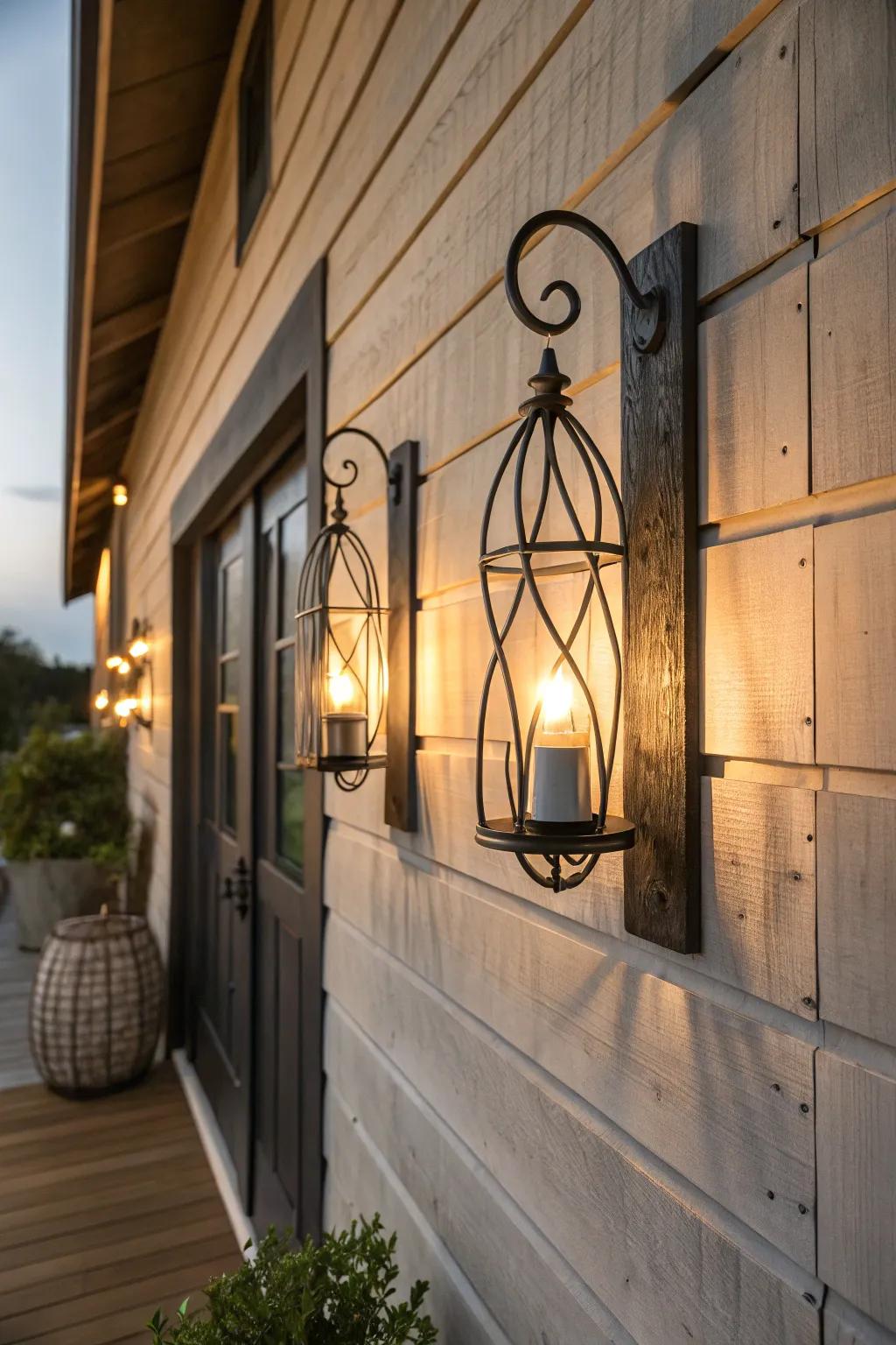 Iron wall lamps casting warm illumination on a farmhouse wall.