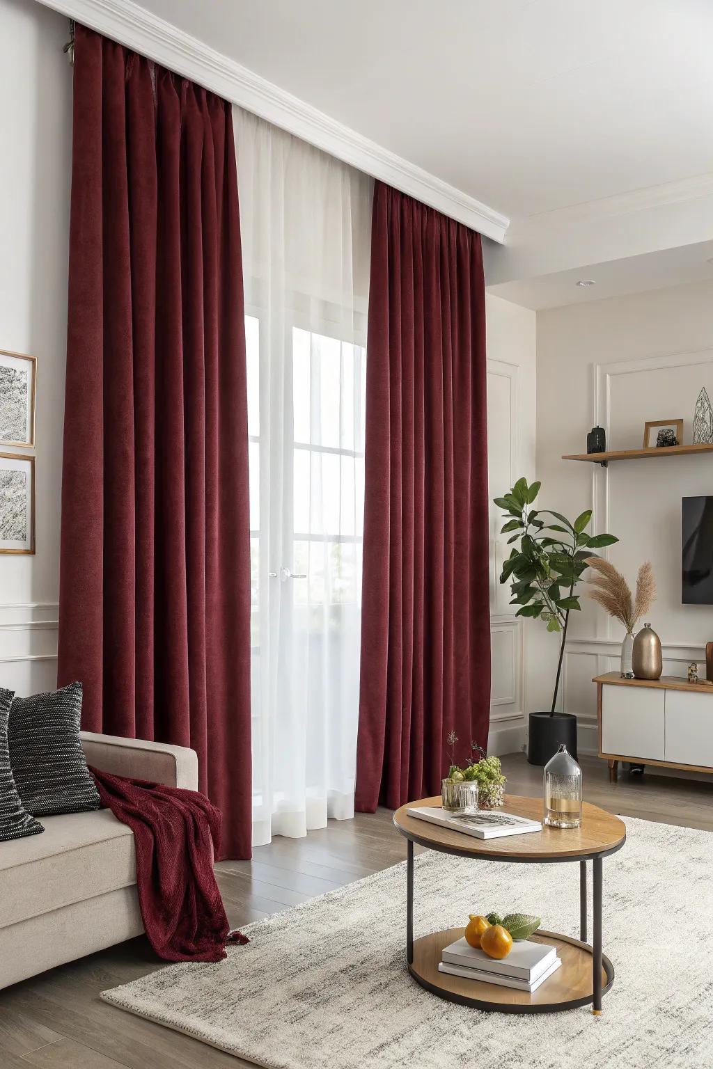 Lounge consisting of deep red curtains and contemporary minimal decoration.
