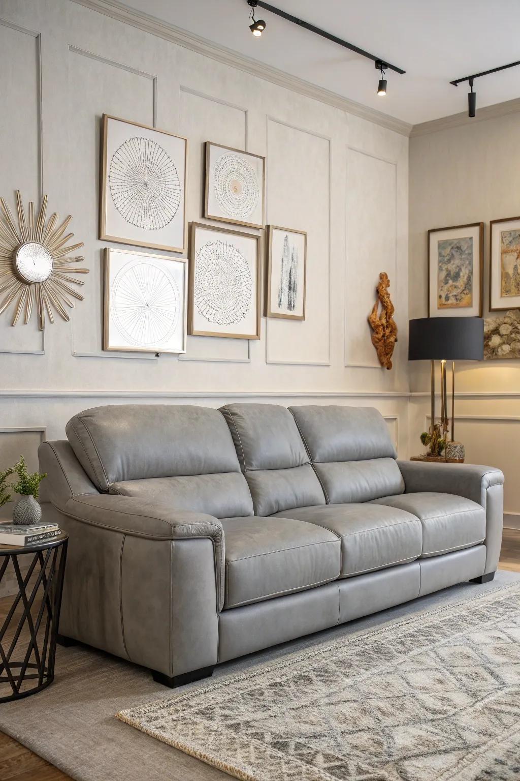 Contemporary wall art enhancing the appeal of a grey leather sofa.