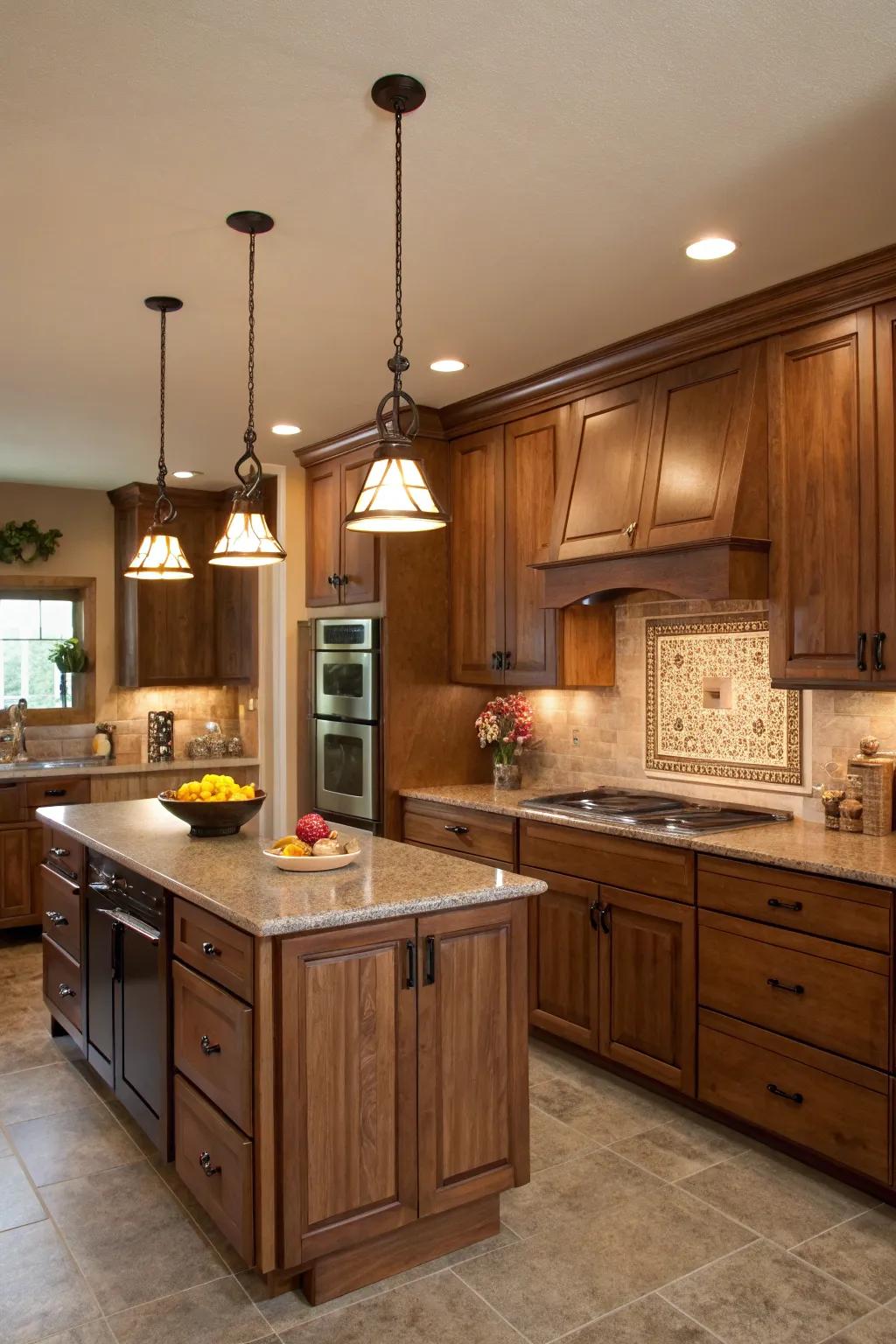 Planned illumination highlights the sophistication of hickory cabinets.