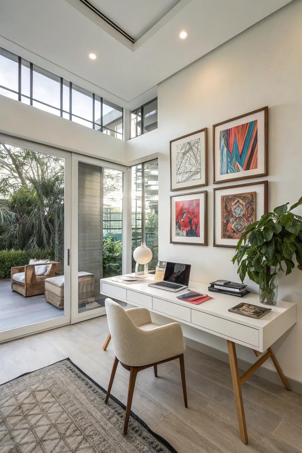 Modern art lending a personal touch to a home office.