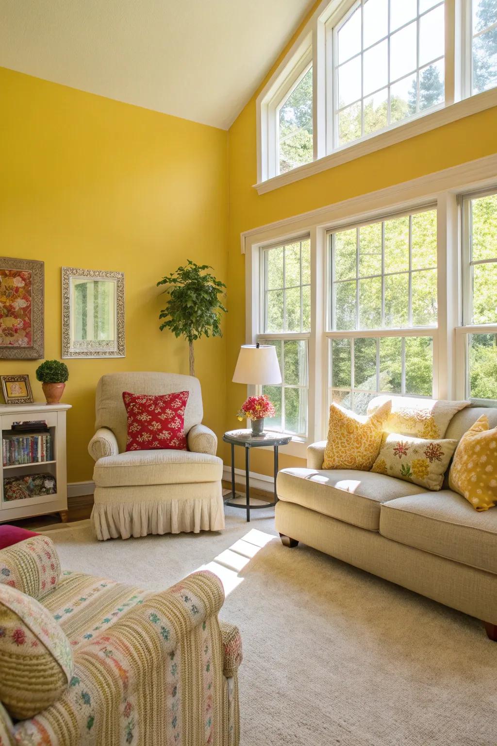 Radiant yellow walls infuse this living room with warmth and happiness.
