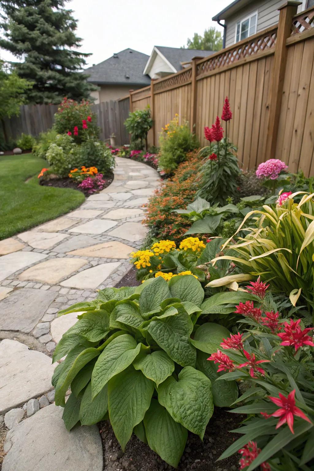 A front garden displaying varied feels and colors for an appealing design.