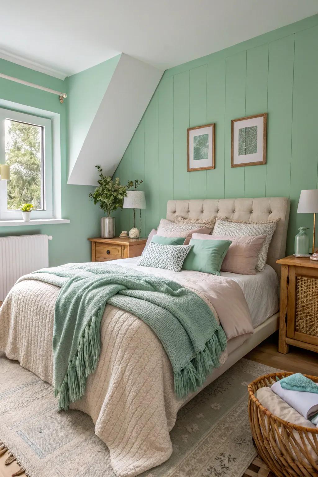 A welcoming soft jade bedroom layered with textiles.