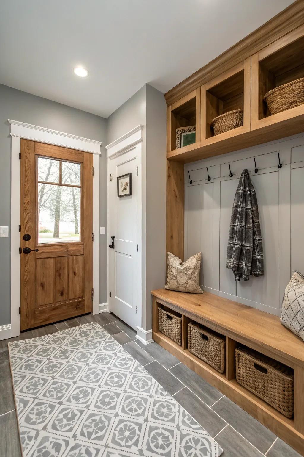 A serene, muted palette establishes a tranquil tone across the mudroom.