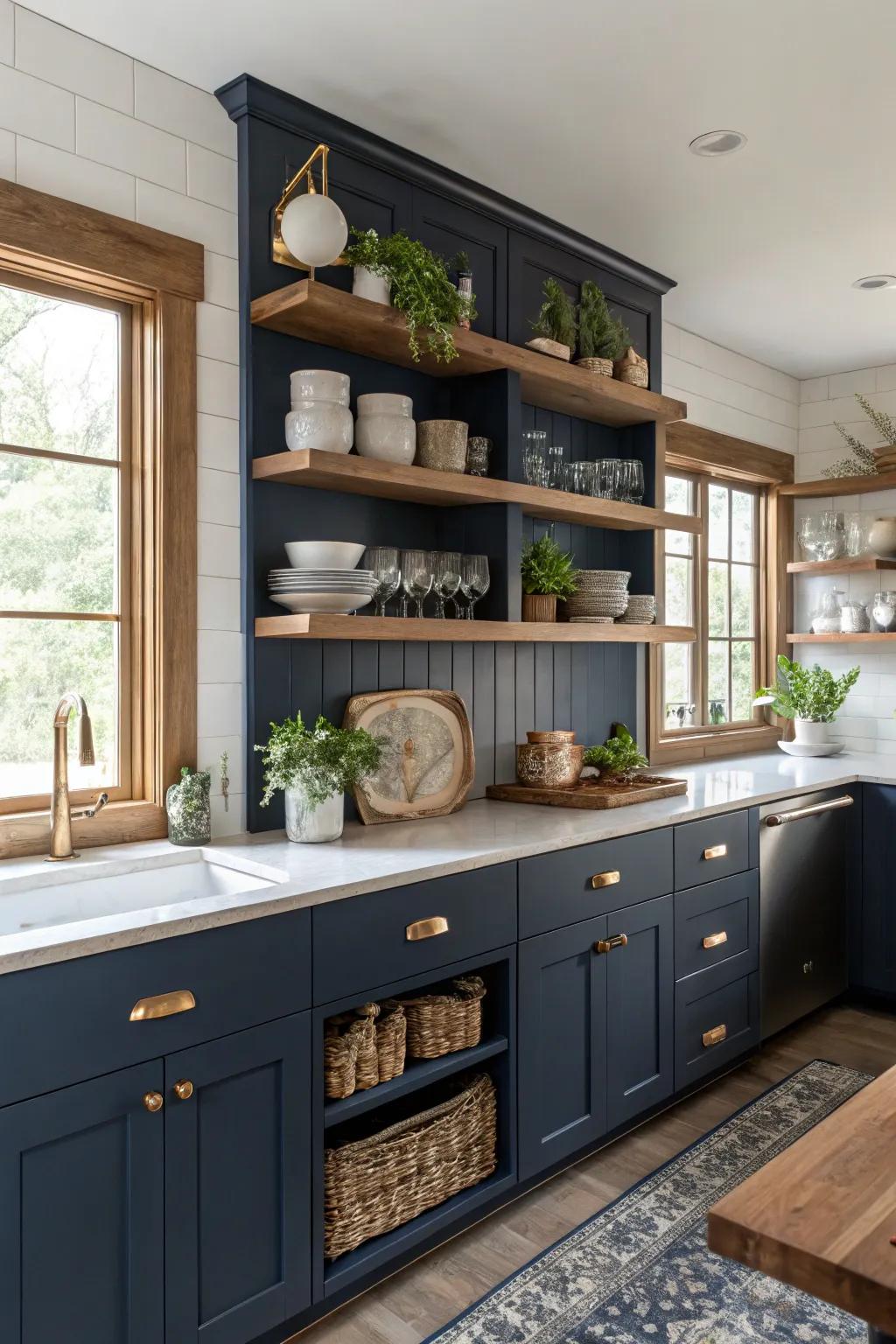 Open shelving contributes charm and an airy essence to marine blue kitchens.