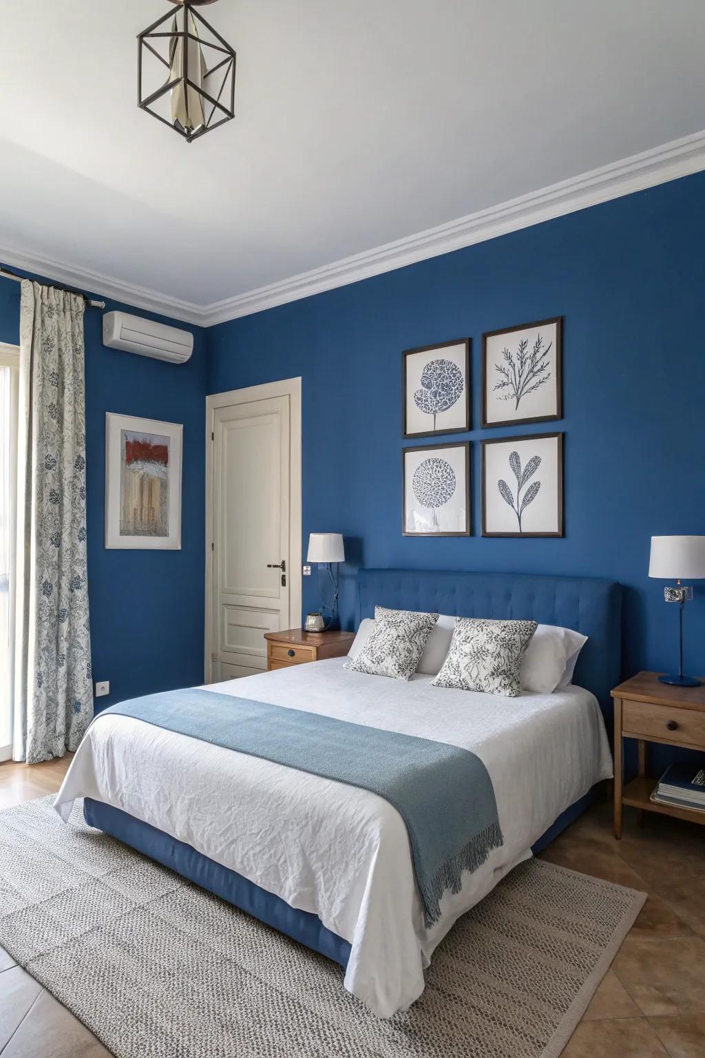 Minimalist art displays enhance the sapphire theme, injecting elegance.