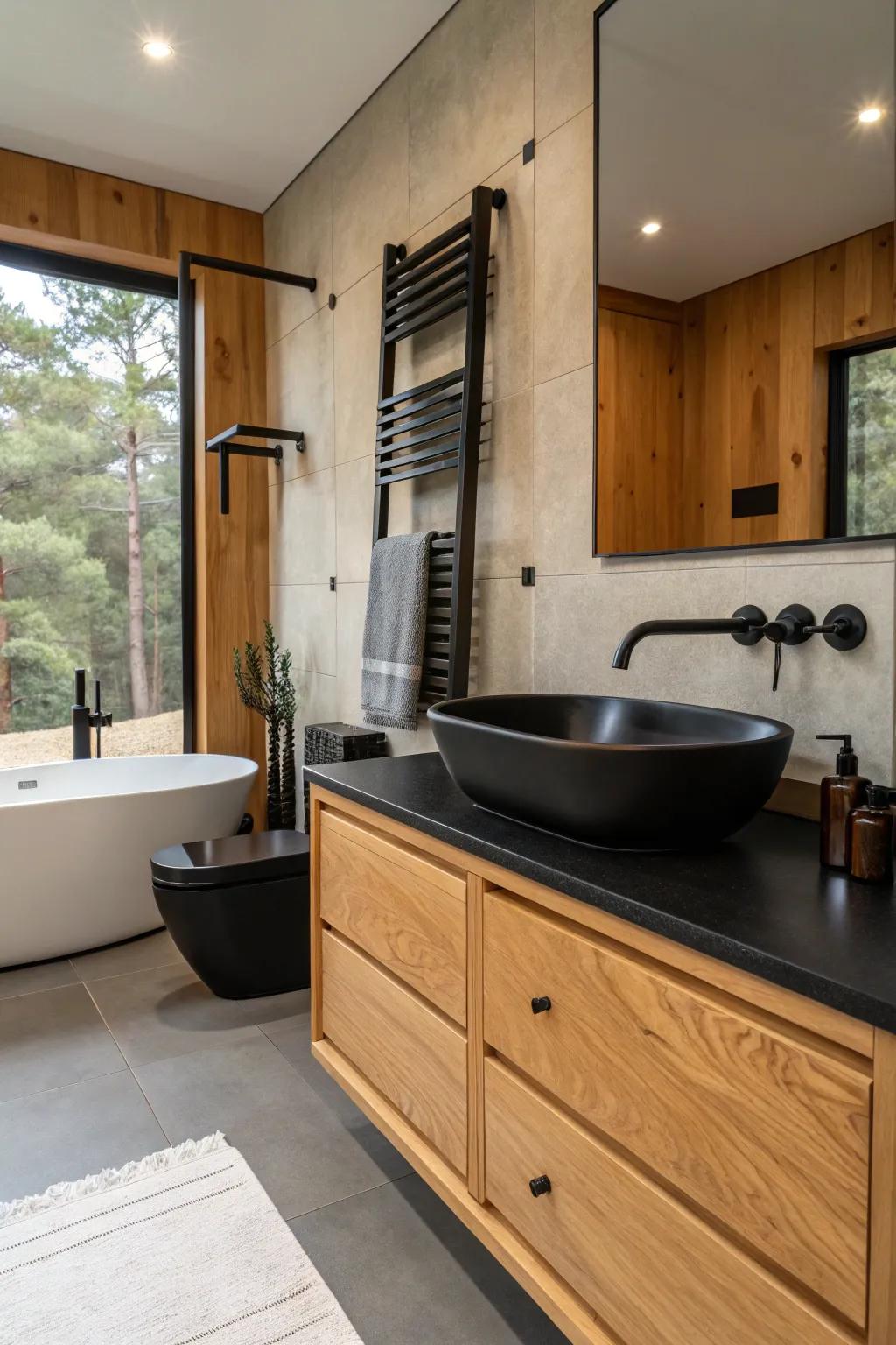 Black matte fixtures deliver a contemporary edge that enhances rustic aesthetics.