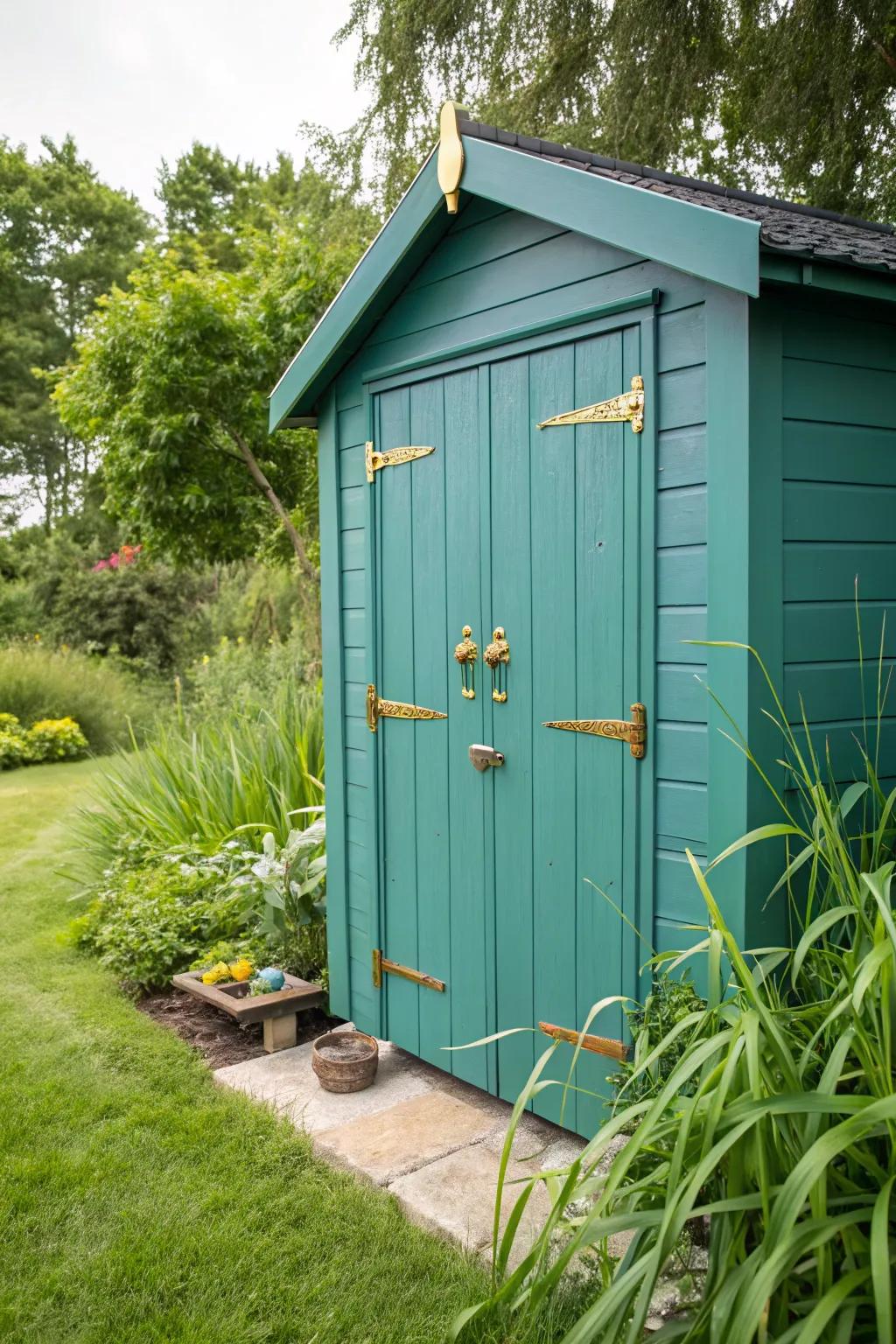 A teal shed, a luxurious jewel in the garden landscape.