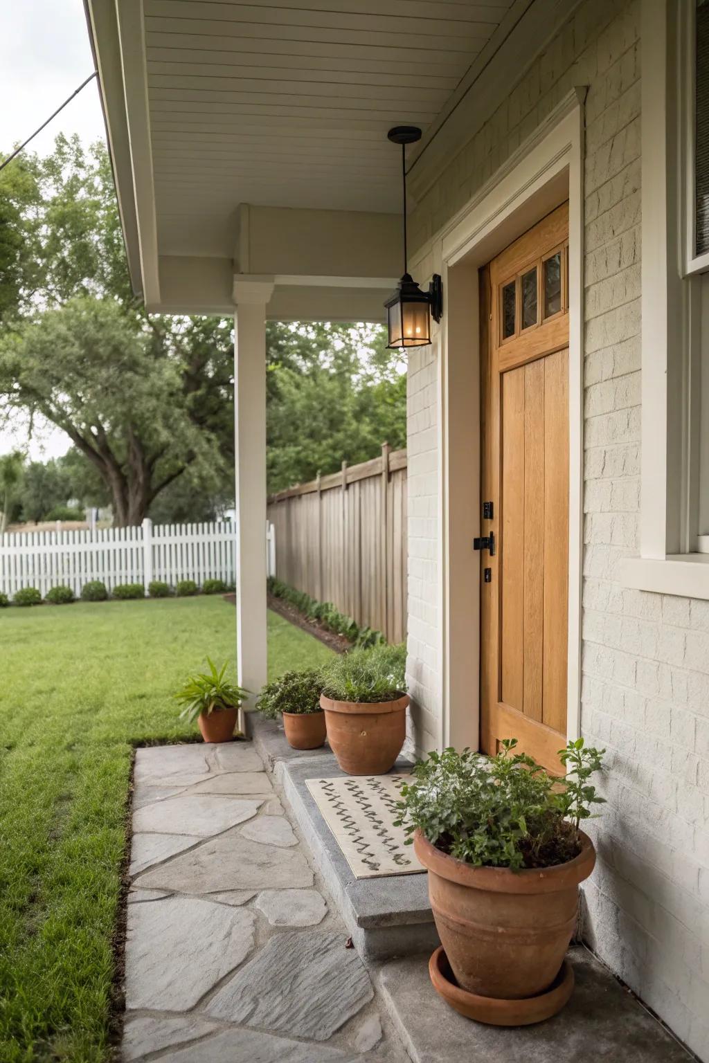 A small front porch showcasing a neutral and natural color palette, creating a calming and harmonious effect.
