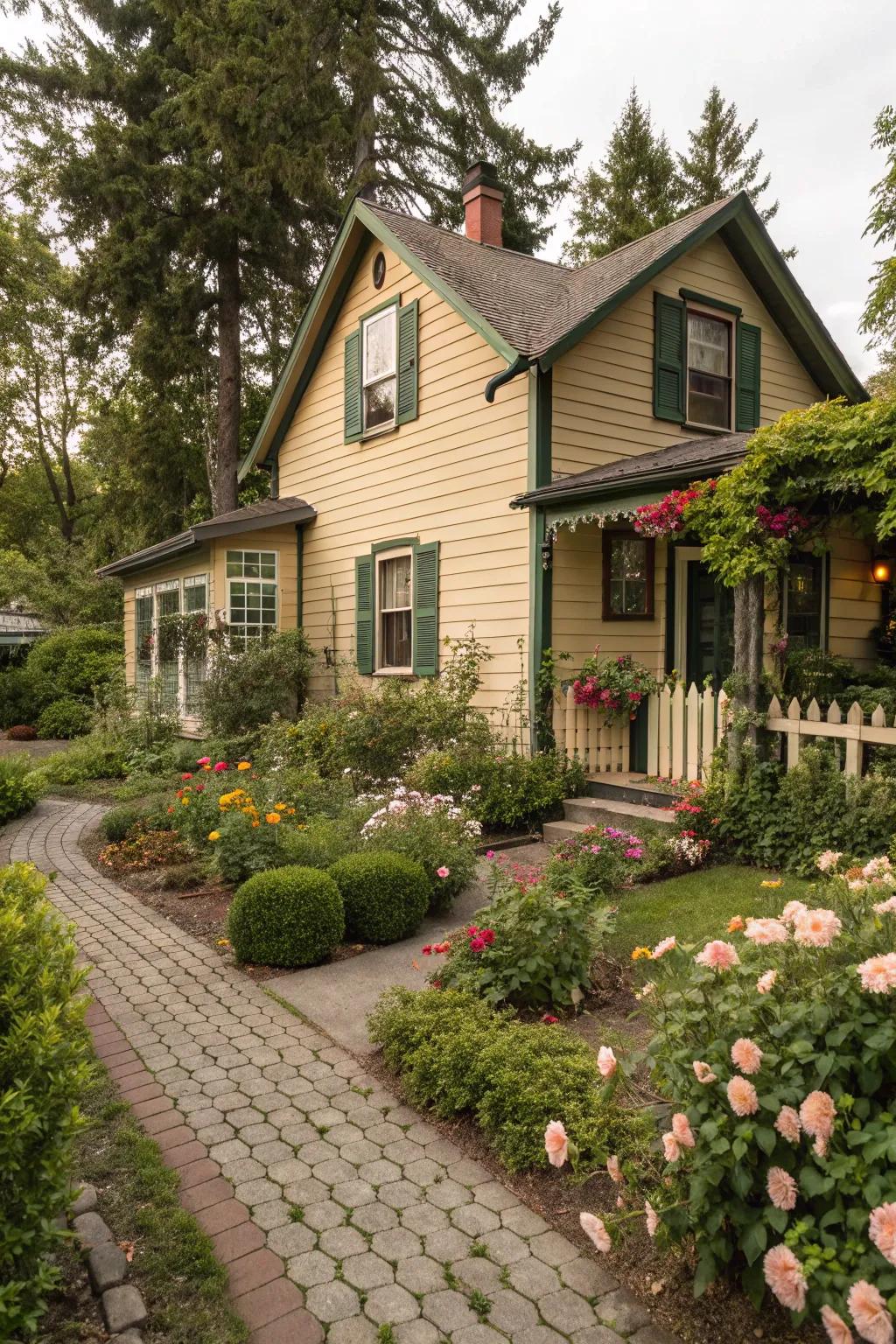 Warm beige and olive green combine for an inviting, refined façade.