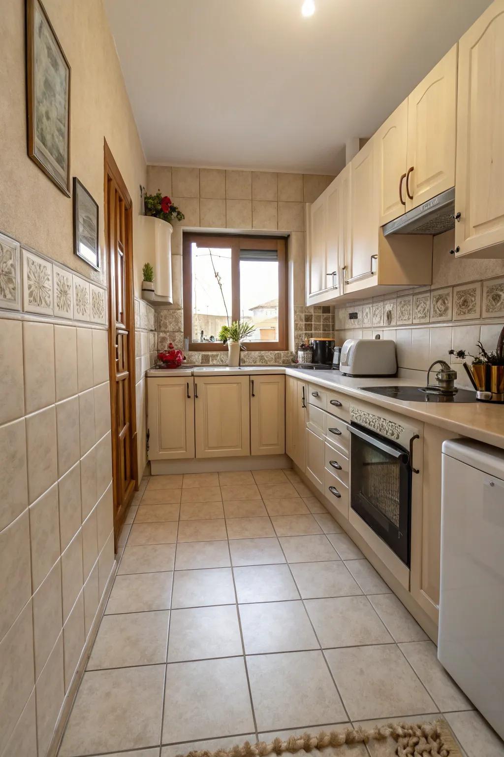Neutral-toned coverings in a sleek small kitchen