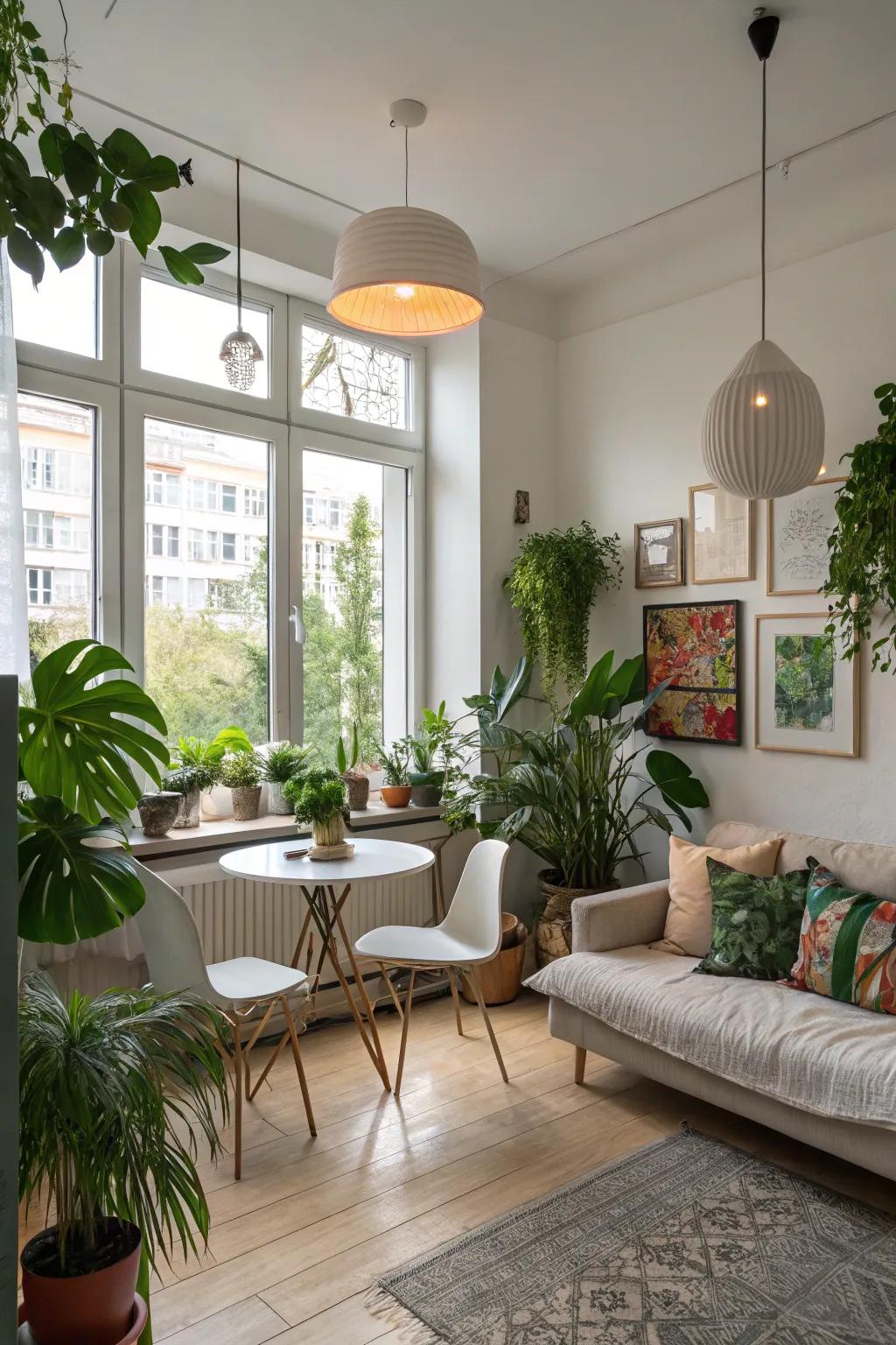 A studio apartment showcasing art pieces, contemporary lighting, and plants to add character.
