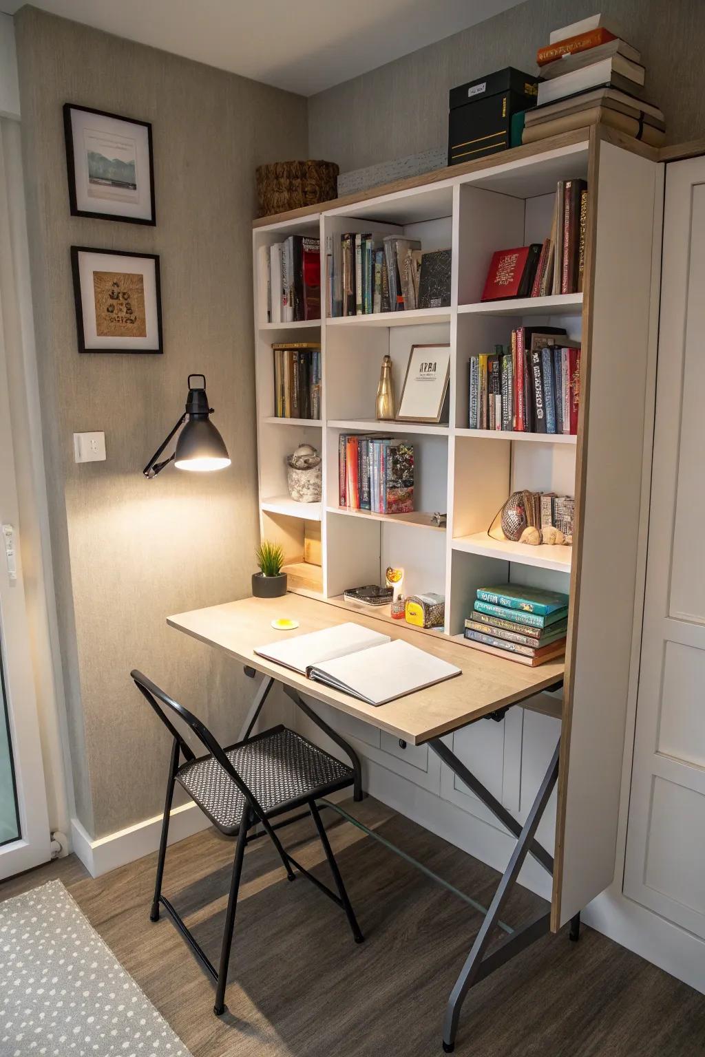 An efficient study room showcasing clever storage solutions.