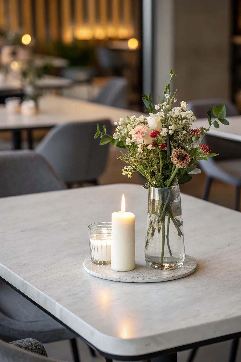 A stylish center decoration improves the overall table beauty.